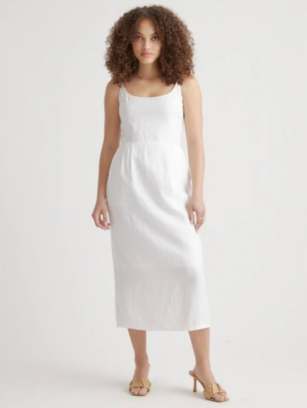 Quince 100% European Linen Scoop Neck Midi Dress White Minimalist Coastal Size S